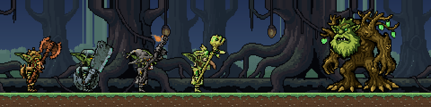 Four goblins, a Frothgut with a huge axe, a Scrapwall with a pot-lid shield, a Firebug with a burning staff and a Mudmender with a skull totem, facing the Genesis Treant in a dark forest